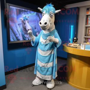 Sky Blue Quagga mascot costume character dressed with a Shift Dress and Shawl pins