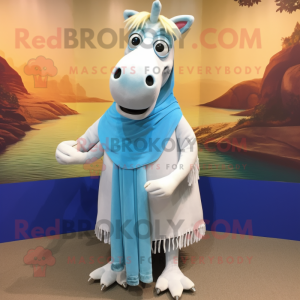 Sky Blue Quagga mascot costume character dressed with a Shift Dress and Shawl pins