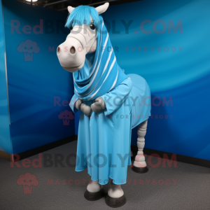 Sky Blue Quagga mascot costume character dressed with a Shift Dress and Shawl pins