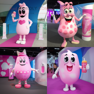 Pink Bottle Of Milk mascot costume character dressed with a One-Piece Swimsuit and Earrings