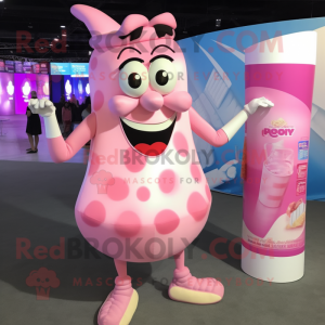 Pink Bottle Of Milk mascot costume character dressed with a One-Piece Swimsuit and Earrings