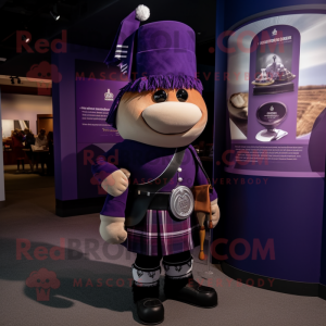 Purple Bagpipe mascot costume character dressed with a Graphic Tee and Berets