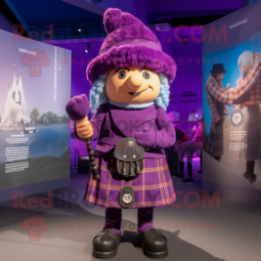 Purple Bagpipe mascot costume character dressed with a Graphic Tee and Berets