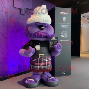 Purple Bagpipe mascot costume character dressed with a Graphic Tee and Berets