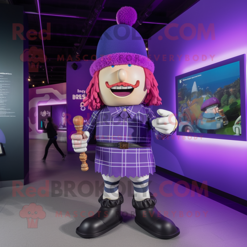 Purple Bagpipe mascot costume character dressed with a Graphic Tee and Berets Purple Bagpipe mascot costume character dressed with a Graphic Tee and Berets