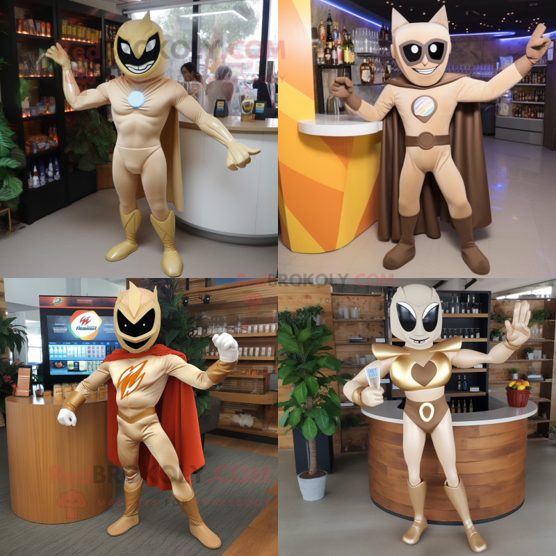 Tan Superhero mascot costume character dressed with a Cocktail Dress and Shoe clips Tan Superhero mascot costume character dressed with a Cocktail Dress and Shoe clips