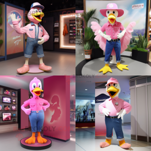 Pink Goose mascot costume character dressed with a Flare Jeans and Shoe clips