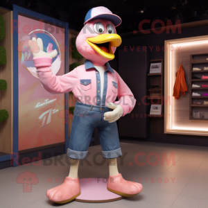 Pink Goose mascot costume character dressed with a Flare Jeans and Shoe clips