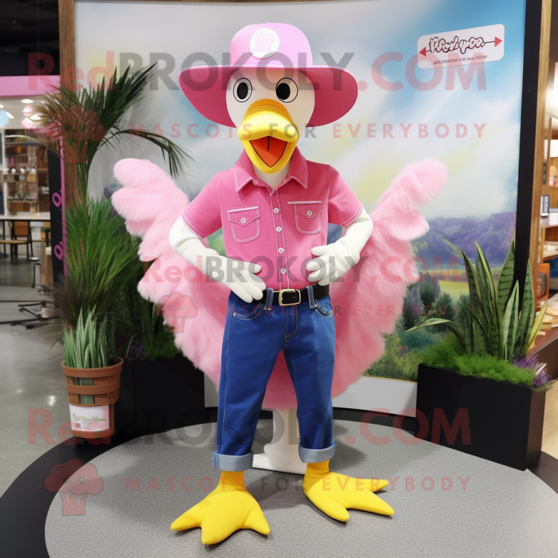 Pink Goose mascot costume character dressed with a Flare Jeans and Shoe clips