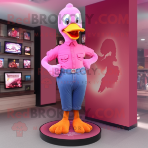 Pink Goose mascot costume character dressed with a Flare Jeans and Shoe clips