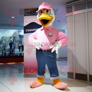 Pink Goose mascot costume character dressed with a Flare Jeans and Shoe clips