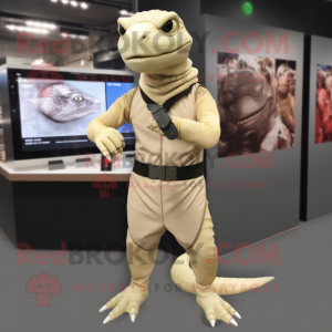 Beige Komodo Dragon mascot costume character dressed with a Leggings and Bracelet watches