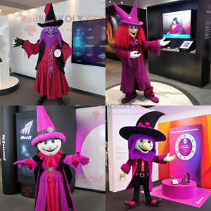 Magenta Witch mascot costume character dressed with a Suit Jacket and Bracelet watches