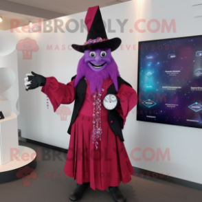 Magenta Witch mascot costume character dressed with a Suit Jacket and Bracelet watches