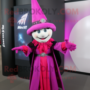 Magenta Witch mascot costume character dressed with a Suit Jacket and Bracelet watches