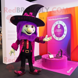 Magenta Witch mascot costume character dressed with a Suit Jacket and Bracelet watches