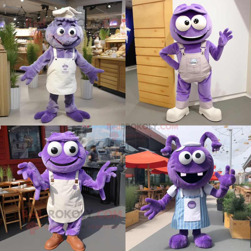 Lavender Crab Cakes mascot costume character dressed with a Dungarees and Shoe laces