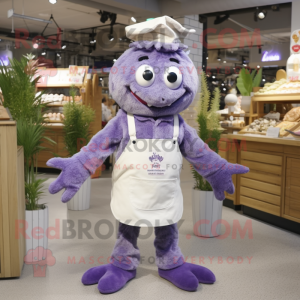 Lavender Crab Cakes mascot costume character dressed with a Dungarees and Shoe laces