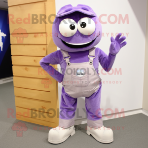 Lavender Crab Cakes mascot costume character dressed with a Dungarees and Shoe laces