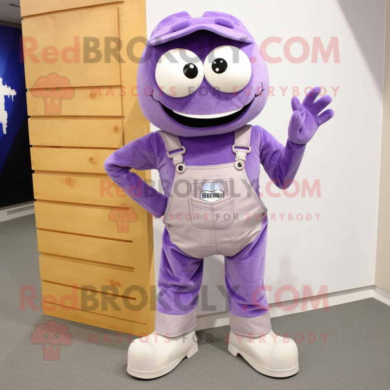 Lavender Crab Cakes mascot costume character dressed with a Dungarees and Shoe laces Lavender Crab Cakes mascot costume character dressed with a Dungarees and Shoe laces