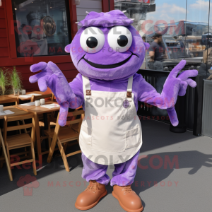 Lavender Crab Cakes mascot costume character dressed with a Dungarees and Shoe laces