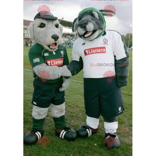 2 mascottes de chiens gris en tenue de sport - Redbrokoly.com