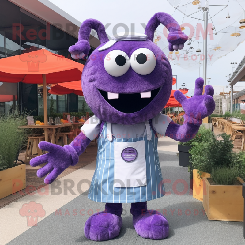 Lavender Crab Cakes mascot costume character dressed with a Dungarees and Shoe laces