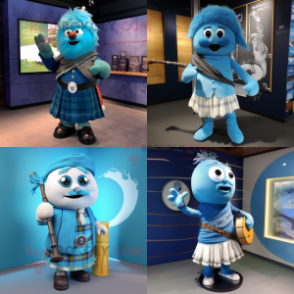 Sky Blue Bagpipe mascot costume character dressed with a Jeans and Shawl pins