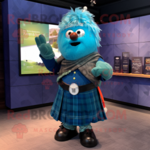 Sky Blue Bagpipe mascot costume character dressed with a Jeans and Shawl pins