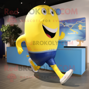 Yellow Blue Whale mascot costume character dressed with a Running Shorts and Cufflinks