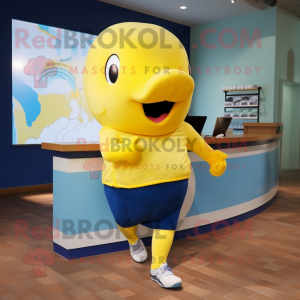 Yellow Blue Whale mascot costume character dressed with a Running Shorts and Cufflinks