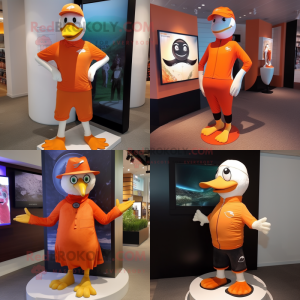 Orange Gull mascot costume character dressed with a Yoga Pants and Hat pins