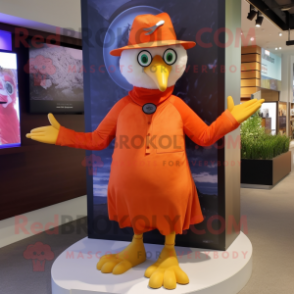 Orange Gull mascot costume character dressed with a Yoga Pants and Hat pins