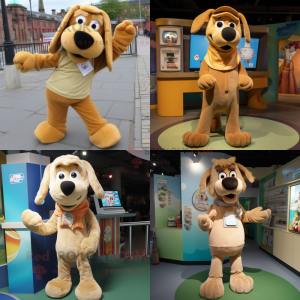 Tan Dog mascot costume character dressed with a Playsuit and Scarves