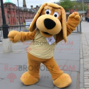 Tan Dog mascot costume character dressed with a Playsuit and Scarves