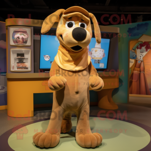 Tan Dog mascot costume character dressed with a Playsuit and Scarves