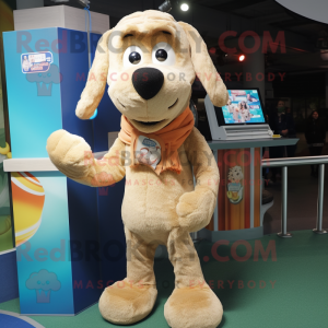 Tan Dog mascot costume character dressed with a Playsuit and Scarves