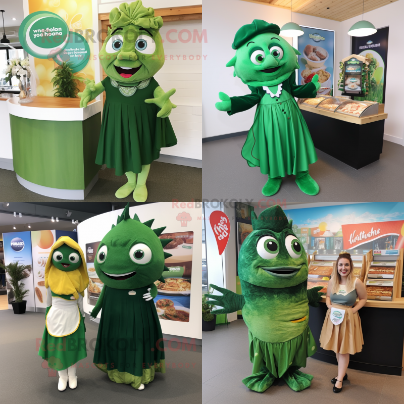 Forest Green Fish And Chips mascot costume character dressed with a Maxi Skirt and Brooches