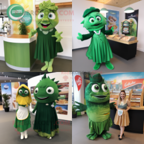 Forest Green Fish And Chips mascot costume character dressed with a Maxi Skirt and Brooches