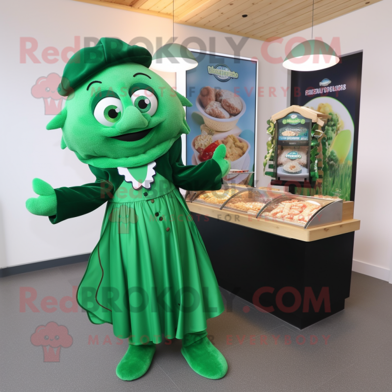 Forest Green Fish And Chips mascot costume character dressed with a Maxi Skirt and Brooches