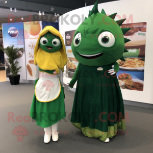 Forest Green Fish And Chips mascot costume character dressed with a Maxi Skirt and Brooches