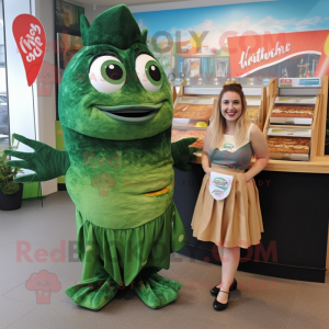Forest Green Fish And Chips mascot costume character dressed with a Maxi Skirt and Brooches