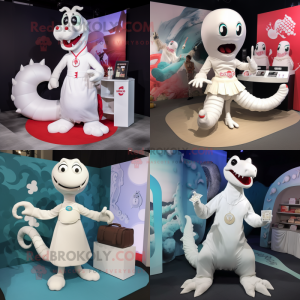 White Hydra mascot costume character dressed with a Culottes and Coin purses