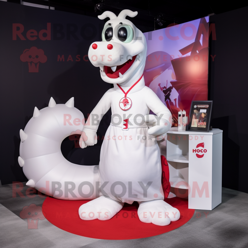 White Hydra mascot costume character dressed with a Culottes and Coin purses