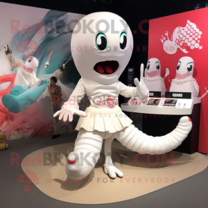 White Hydra mascot costume character dressed with a Culottes and Coin purses