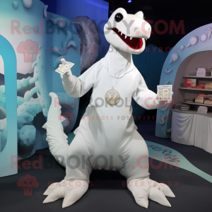 White Hydra mascot costume character dressed with a Culottes and Coin purses