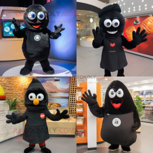 Black Shakshuka mascot costume character dressed with a Sweater and Gloves