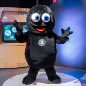 Black Shakshuka mascot costume character dressed with a Sweater and Gloves