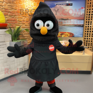 Black Shakshuka mascot costume character dressed with a Sweater and Gloves