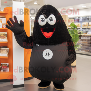 Black Shakshuka mascot costume character dressed with a Sweater and Gloves